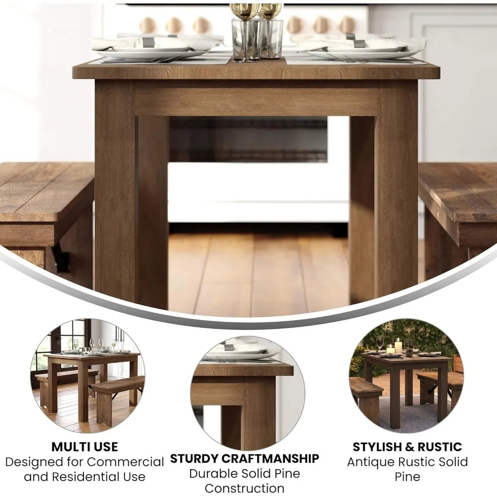 Solid Wood Dining Table, Kitchen Tables with Square Legs, Farmhouse Dinner Tables,46" X 30", Seats 4, Rustic Finish Dining Table