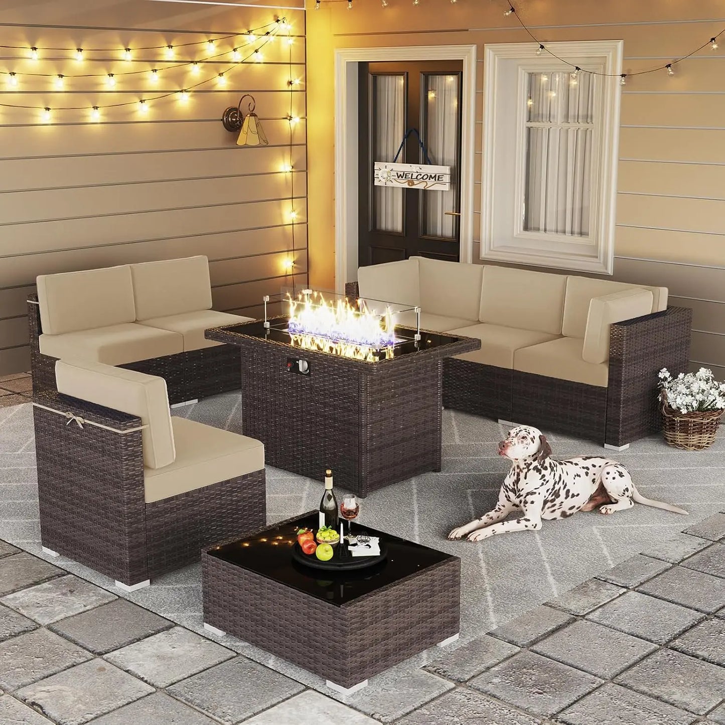 13 Pieces Outdoor Patio Furniture Set with 44" Fire Pit Table Brown Rattan Sectional Sofa Conversation Sets