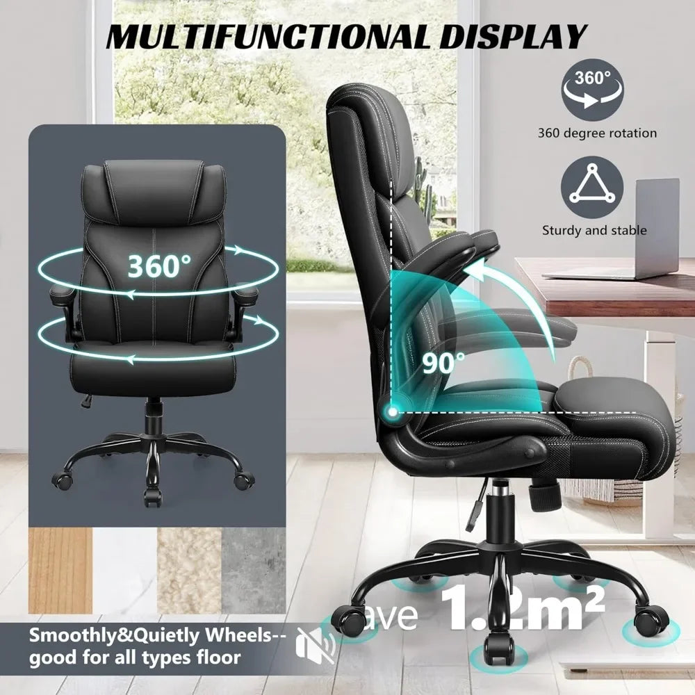 Ergonomic Big and Tall Computer Desk Chairs, Executive Breathable Leather Chair with Adjustable High Back Flip-up Armrests