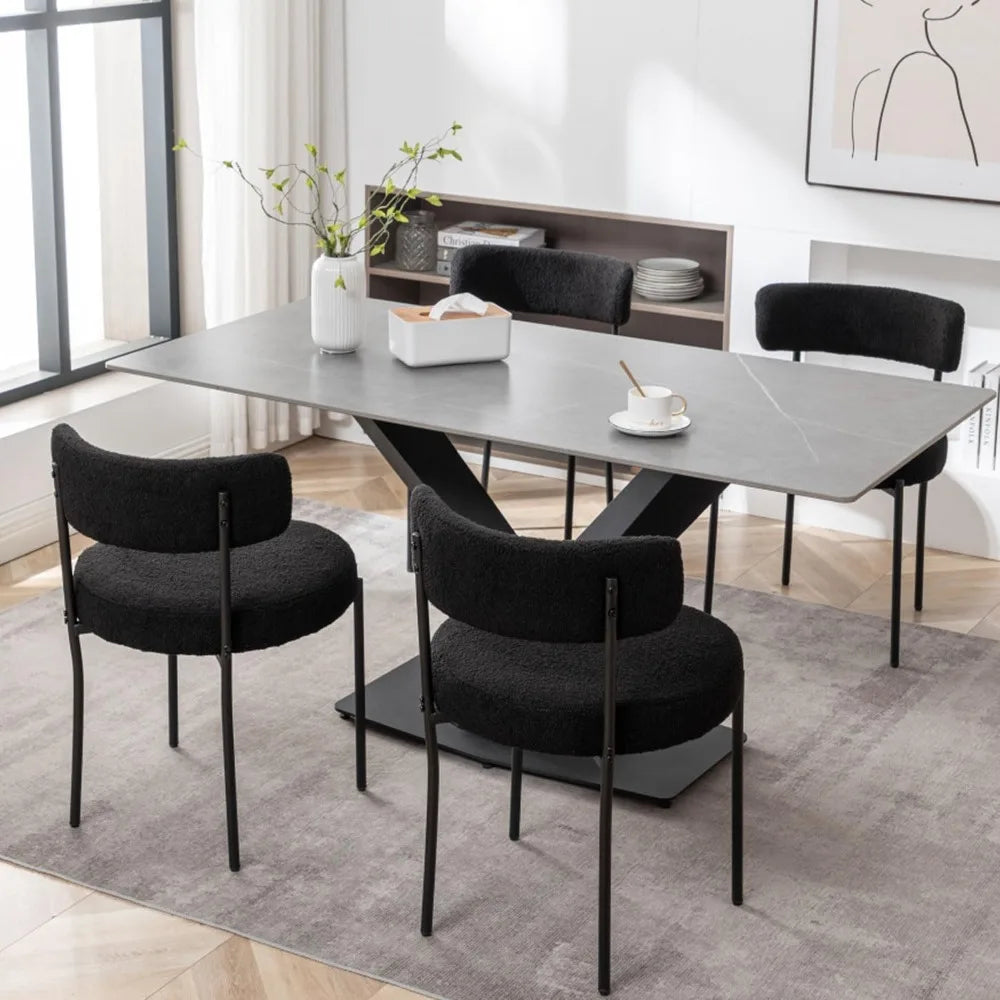 Black Boucle Dining Chairs Set of 4, Upholstered Dining Chairs with Black Metal Legs, Round Modern Chair for Room