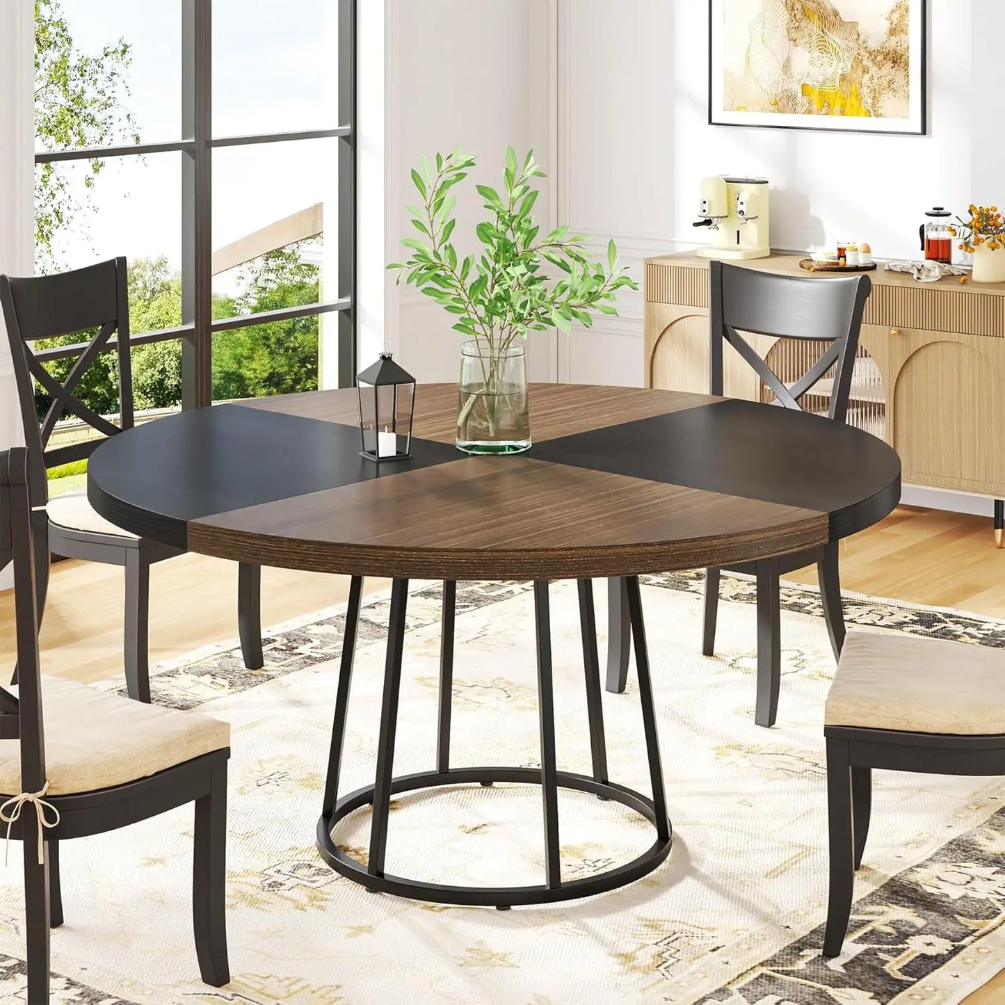 47 Inch Dining Table for Dining Room, 4 People Round Dinner Tables with Faux Marble Top Heavy Duty Metal Circle Pedestal