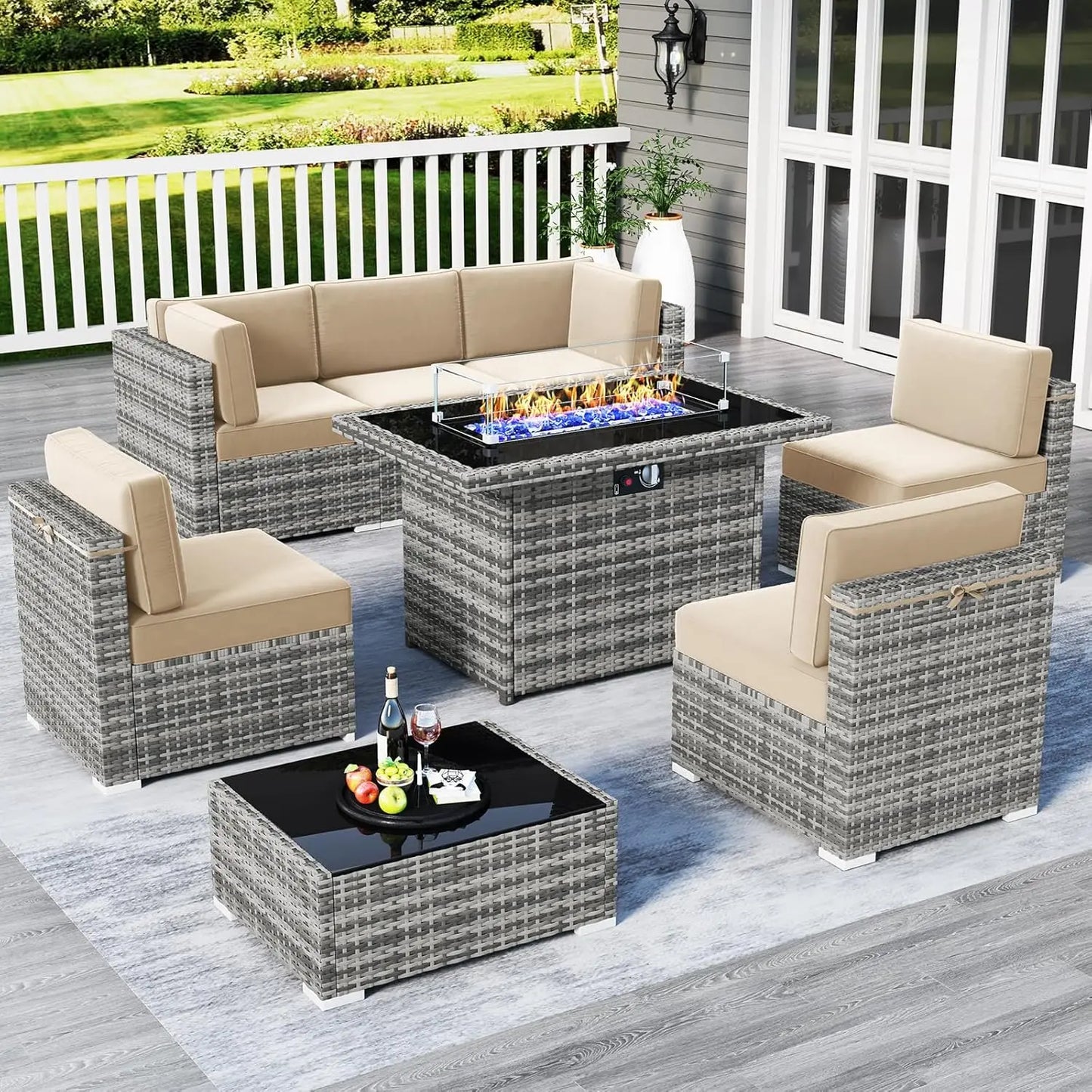 13 Pieces Outdoor Patio Furniture Set with 44" Fire Pit Table Brown Rattan Sectional Sofa Conversation Sets