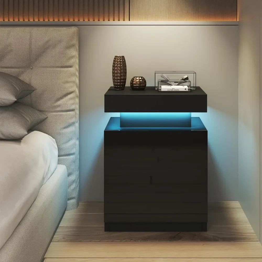 Nightstand Set of 2, LED Nightstand with One Cabinet, Bedside Table with LED Lights, Modern End Side Table for Bedroom