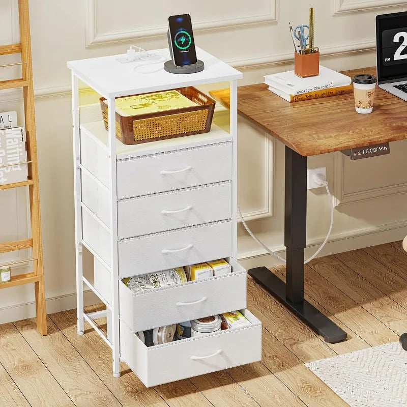 Tall Nightstand with Charging Station and LED Lights, Night Stand with PU Finish Fabric Storage Drawers,3 Drawers