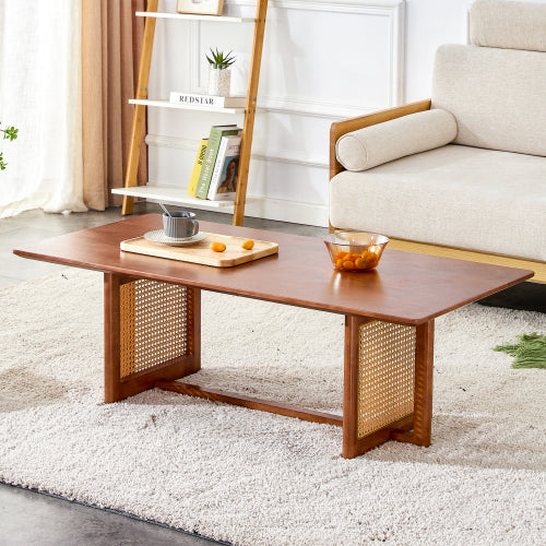 Modern simple rectangle double-layer Walnut color solid wood Glass desktop tea table rattan woven Chinese side table small rectangle table suitable for living room, dining room and bedroom