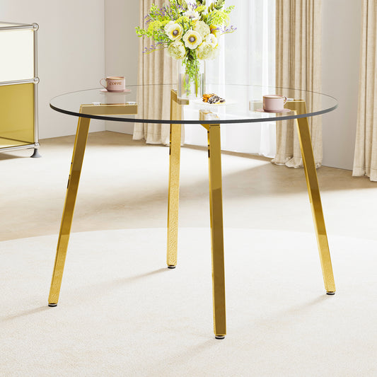 Modern minimalist style circular transparent tempered glass table, tempered glass tabletop, golden metal legs, suitable for kitchen, dining room, and living room, 42 "* 42" * 29.5 "1123r