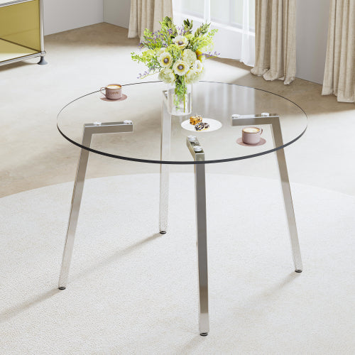 Modern Minimalist Style Circular Transparent Product , silver metal table legs, suitable for kitchen, dining room, and living room, 42 "* 42" * 29.5 "1123r