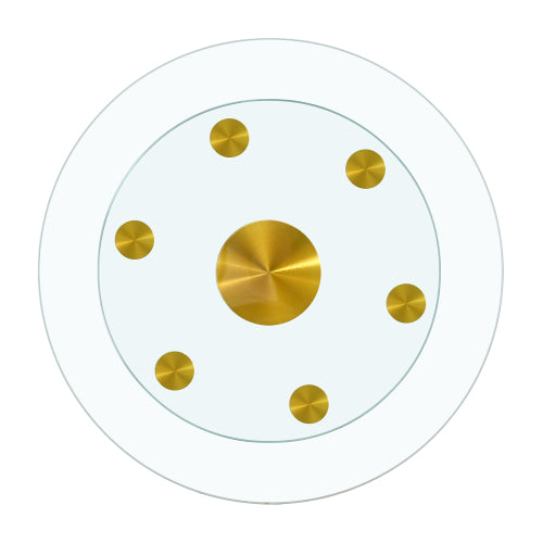 Double layer rotatable round glass.Golden aluminum plate,The rotatable design makes it convenient to retrieve and place items.The upper glass has a diameter of 20 inches,the lower glass15 inches.