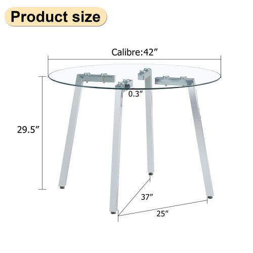 Modern Minimalist Style Circular Transparent Product , silver metal table legs, suitable for kitchen, dining room, and living room, 42 "* 42" * 29.5 "1123r