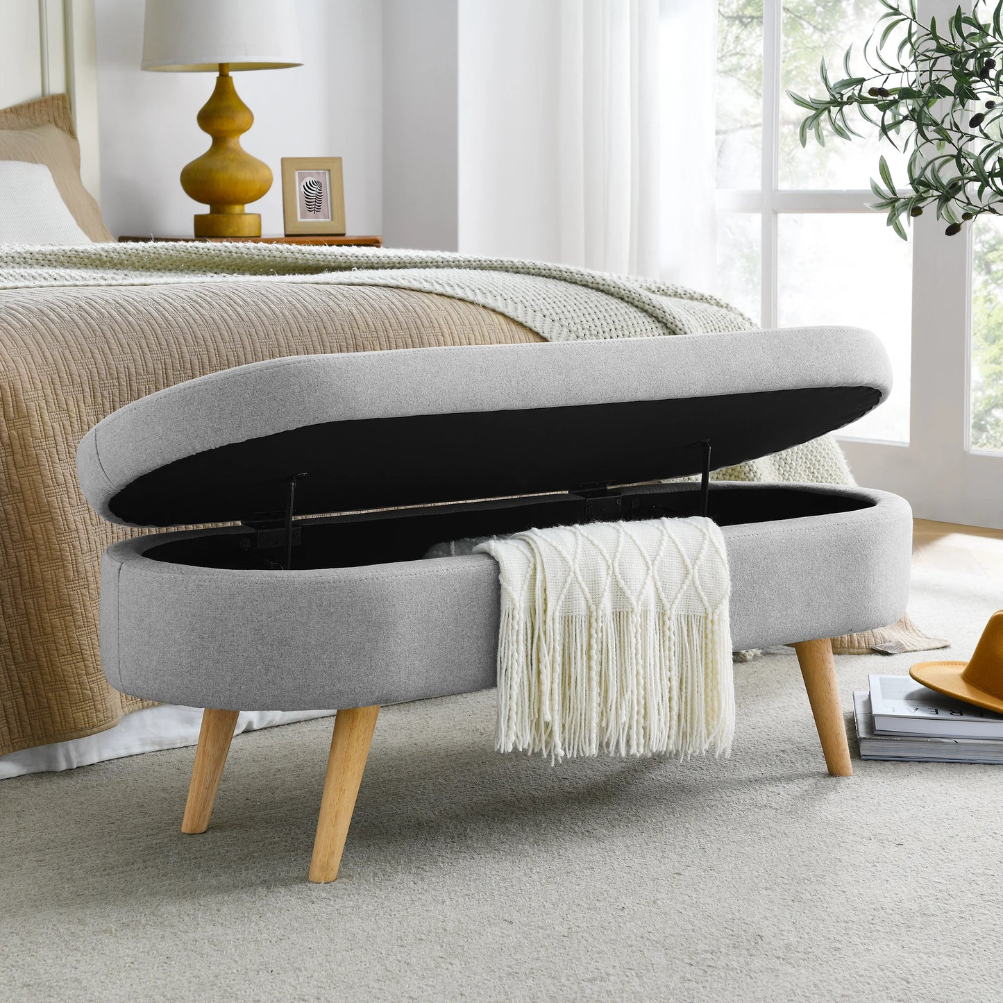 Oval Storage Ottoman Bench with Rubber Wood Legs, Stylish and Functional for Seating and Storage, Dimensions: 16"x16"x43.5"