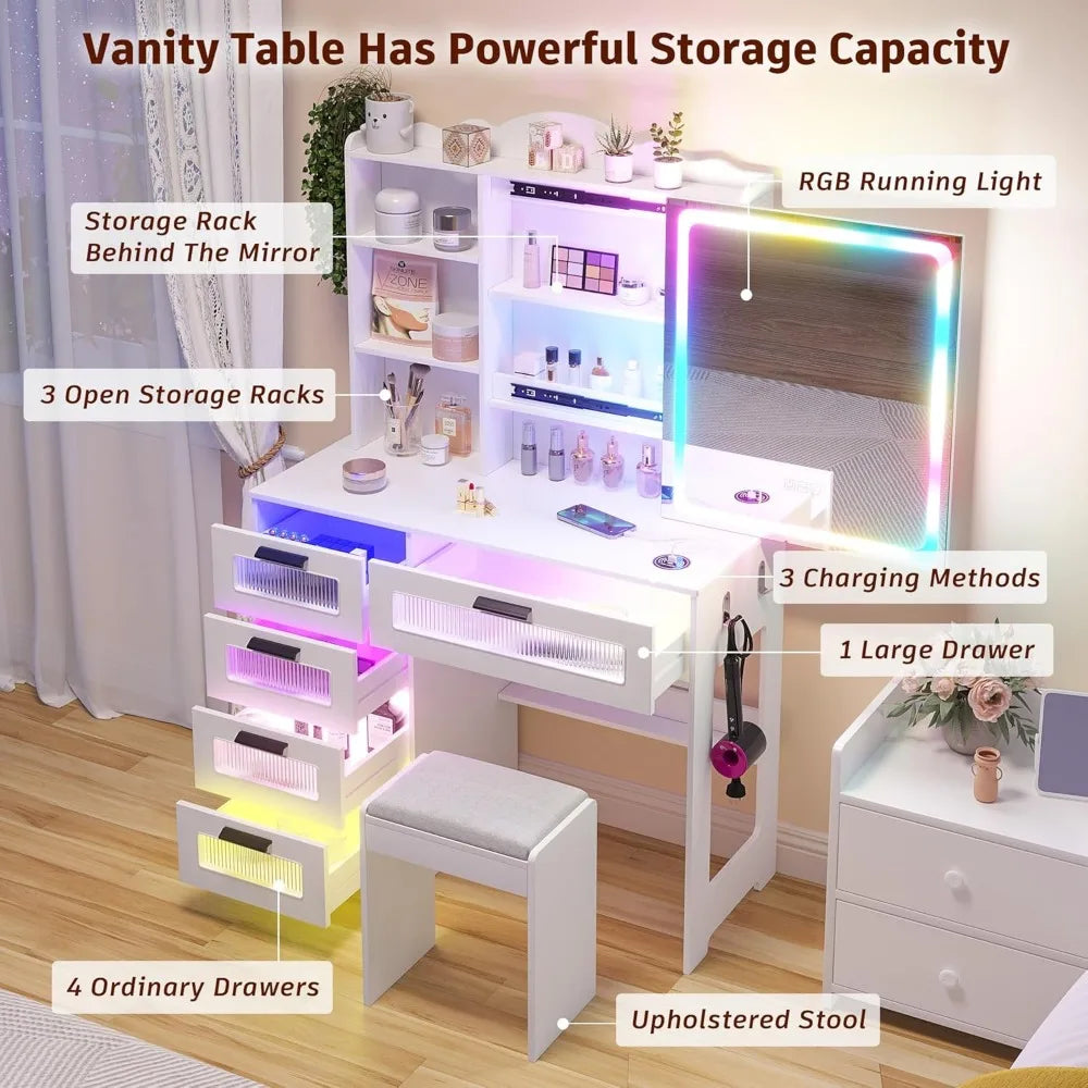 Vanity Desk with Mirror and Lights, RGB LED Vanities Desk with Charging Station, Vanity Table with Stool & Sliding Touch Mirror