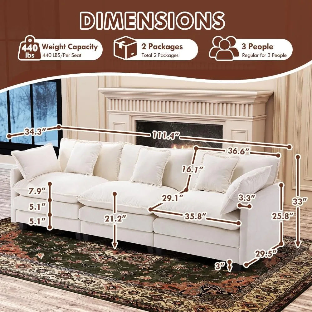 111.4” Cloud Couch, Modular Sectional Sofa, Comfy Modern 3-Seater Couches with Pillows & Upholstered Deep Seat Cushion for Livin