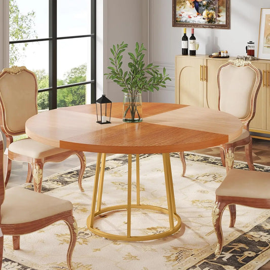 47 Inch Dining Table for Dining Room, 4 People Round Dinner Tables with Faux Marble Top Heavy Duty Metal Circle Pedestal