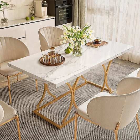 63" Luxury Dining Table Kitchen Dining Room Table White Dinner Desk Rectangle Modern Marble with Gold Metel Frame for 6 People