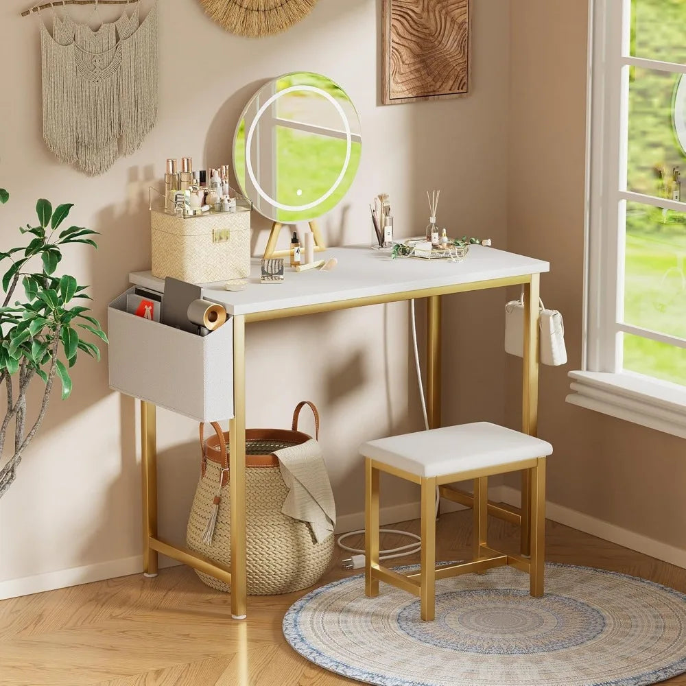 White Makeup Vanity Desk with Lights - 40“ Vanitys with Lighted Mirror & Power Outlet,with Chair, for Girls Bedroom, Gold