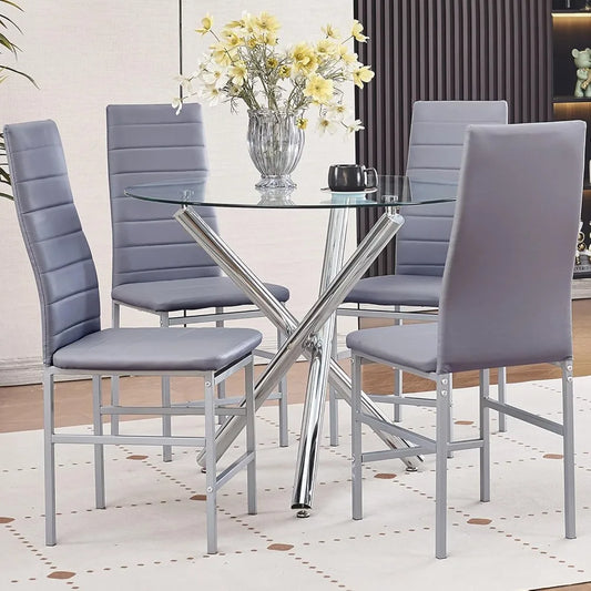Round Glass Dining Table Set 5 Piece Round Silver Kitchen Table and White Chairs,Tempered Glass Table with 4 Faux Leather Chairs