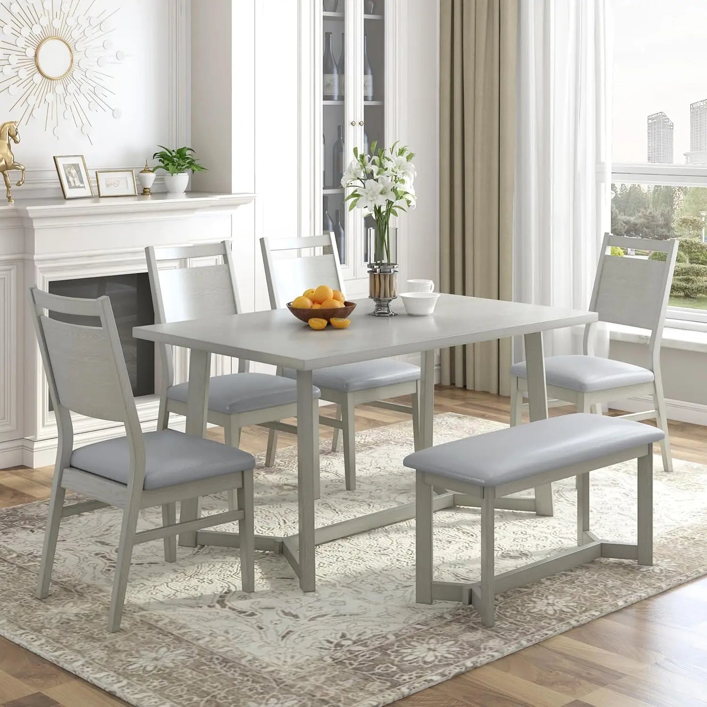 6 Piece Dining Room Table Set, Rustic Farmhouse Dining Room Foldable Table with 4 Upholstered Chairs and Bench