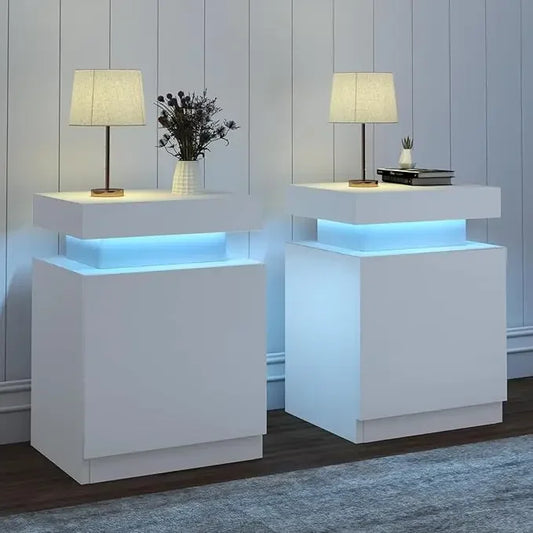 Nightstand Set of 2, LED Nightstand with One Cabinet, Bedside Table with LED Lights, Modern End Side Table for Bedroom