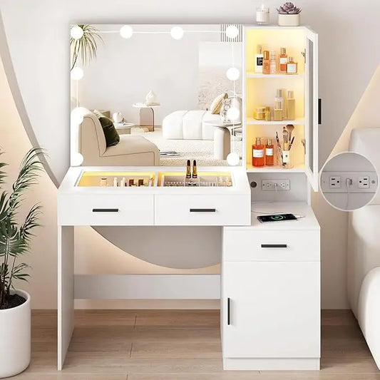 43in Glass Top Vanity with Mirror and Lights,Makeup Vanity Desk with Charging Station with RGB Lights ，3 Lighting Modes
