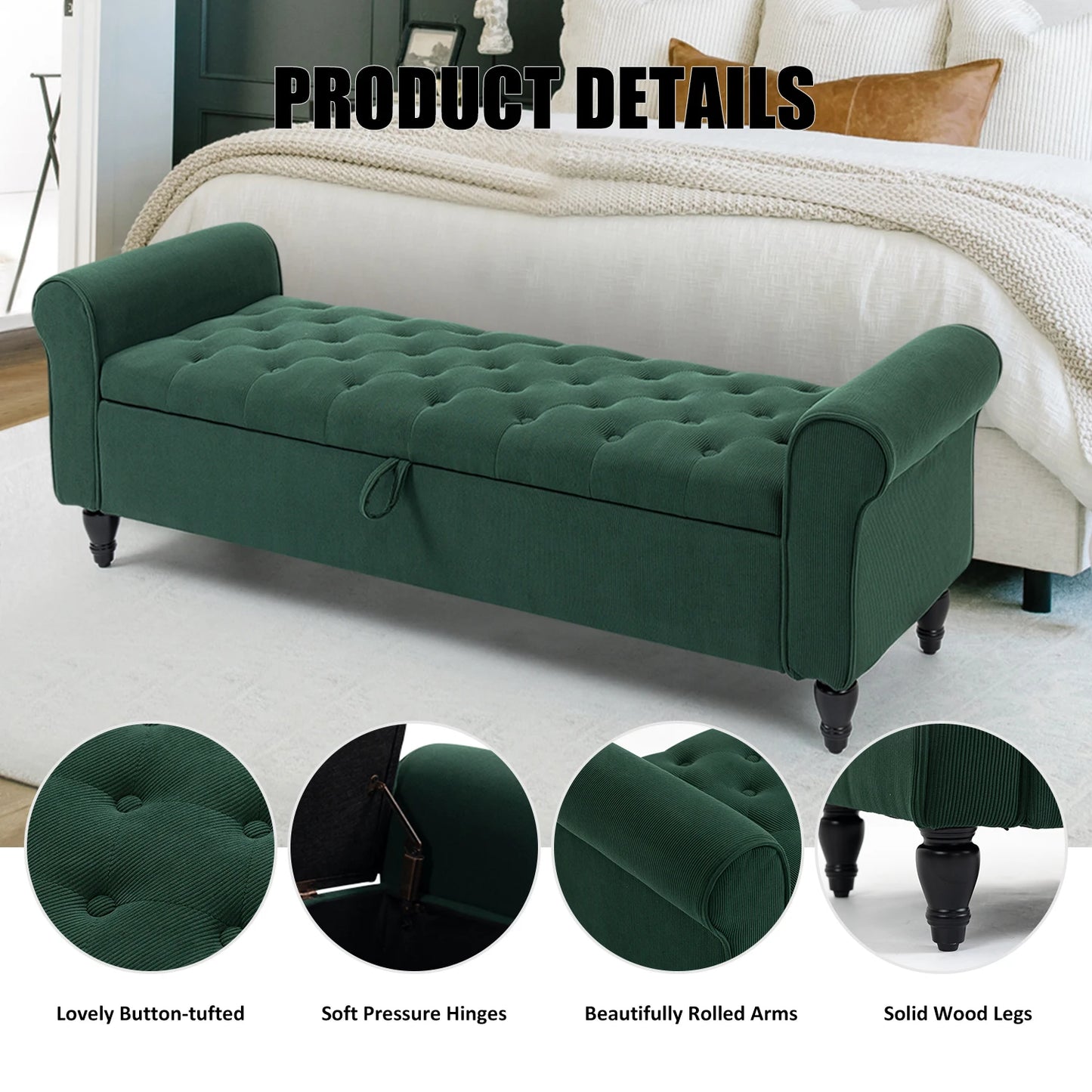 63’’ Storage Ottoman, Upholstered Tufted End of Bed Storage Bench, Ottoman with Storage for Living Room, Bedroom