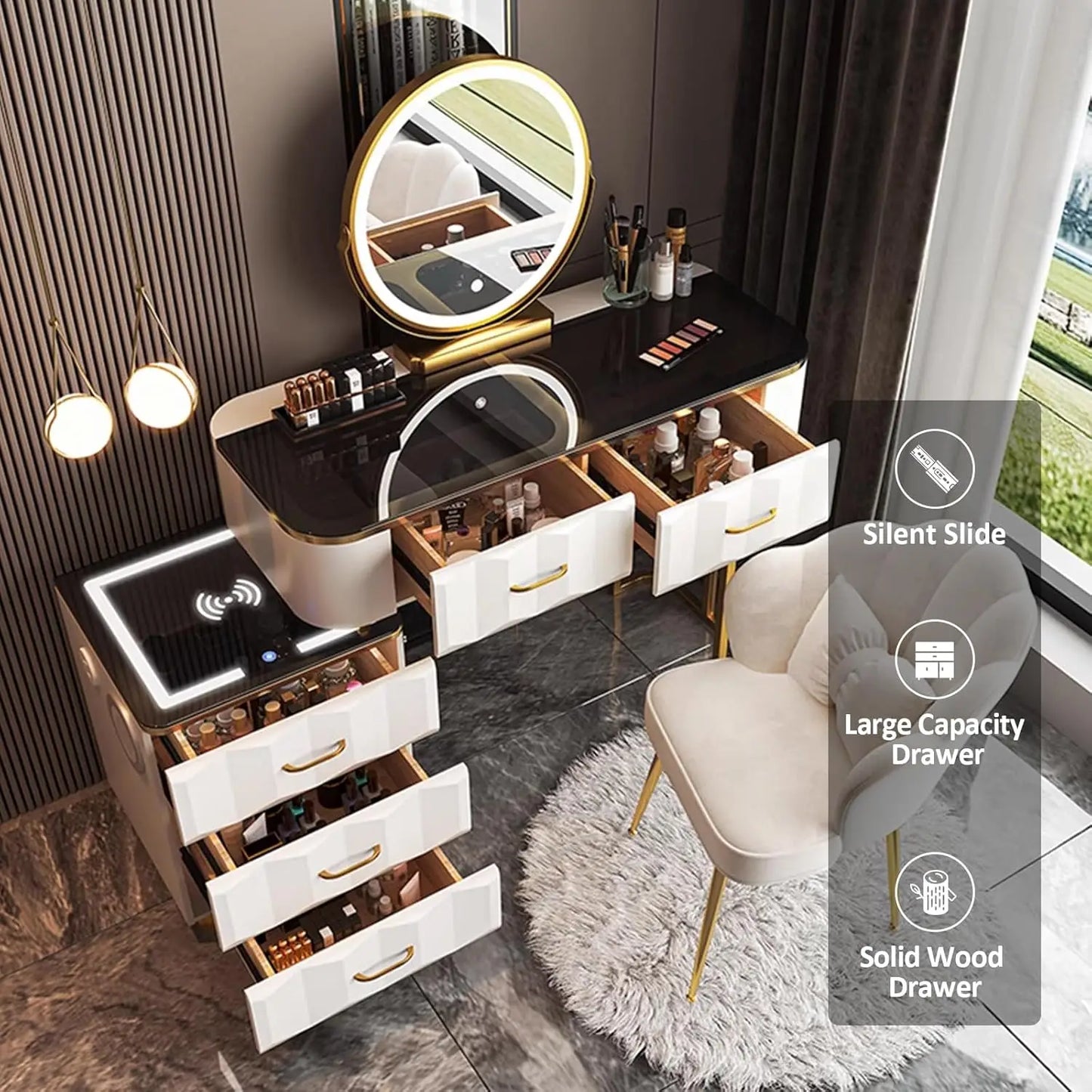 Makeup Vanity Set with Wireless Charging Station, Dressing Table with Mirror & Lights, Vanity Desk with Storage Cabinet & Chair