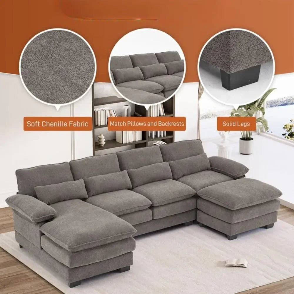 114" U Shape Sectional Sofa Cloud Couch for Living Room,Upholstery Modular Sofa,4 Seat L-Shaped Sleeper Sofa with Chaise Lounge