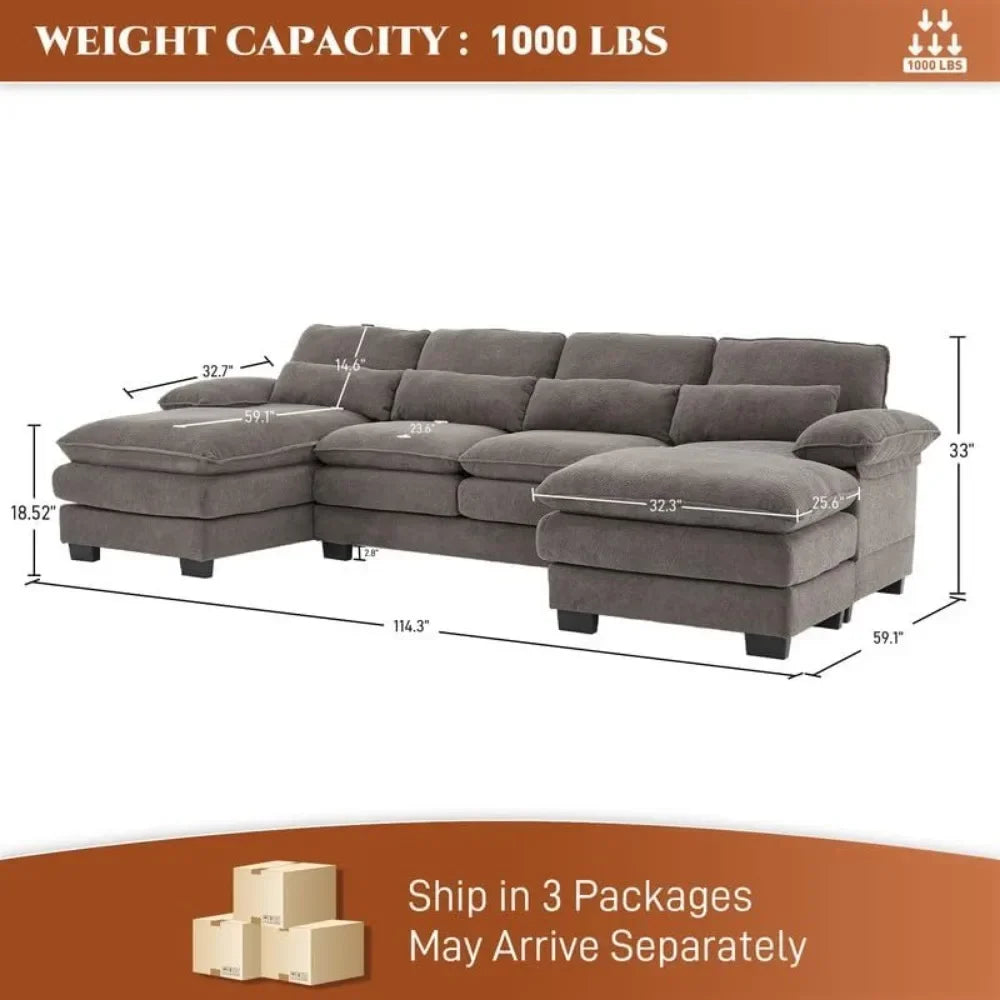 114" U Shape Sectional Sofa Cloud Couch for Living Room,Upholstery Modular Sofa,4 Seat L-Shaped Sleeper Sofa with Chaise Lounge