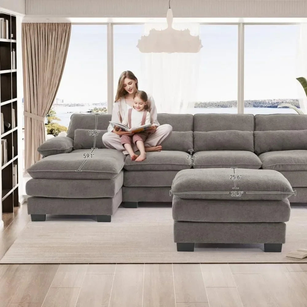 114" U Shape Sectional Sofa Cloud Couch for Living Room,Upholstery Modular Sofa,4 Seat L-Shaped Sleeper Sofa with Chaise Lounge