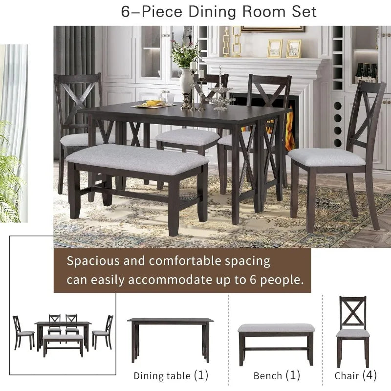 6 Piece Dining Room Table Set, Rustic Farmhouse Dining Room Foldable Table with 4 Upholstered Chairs and Bench