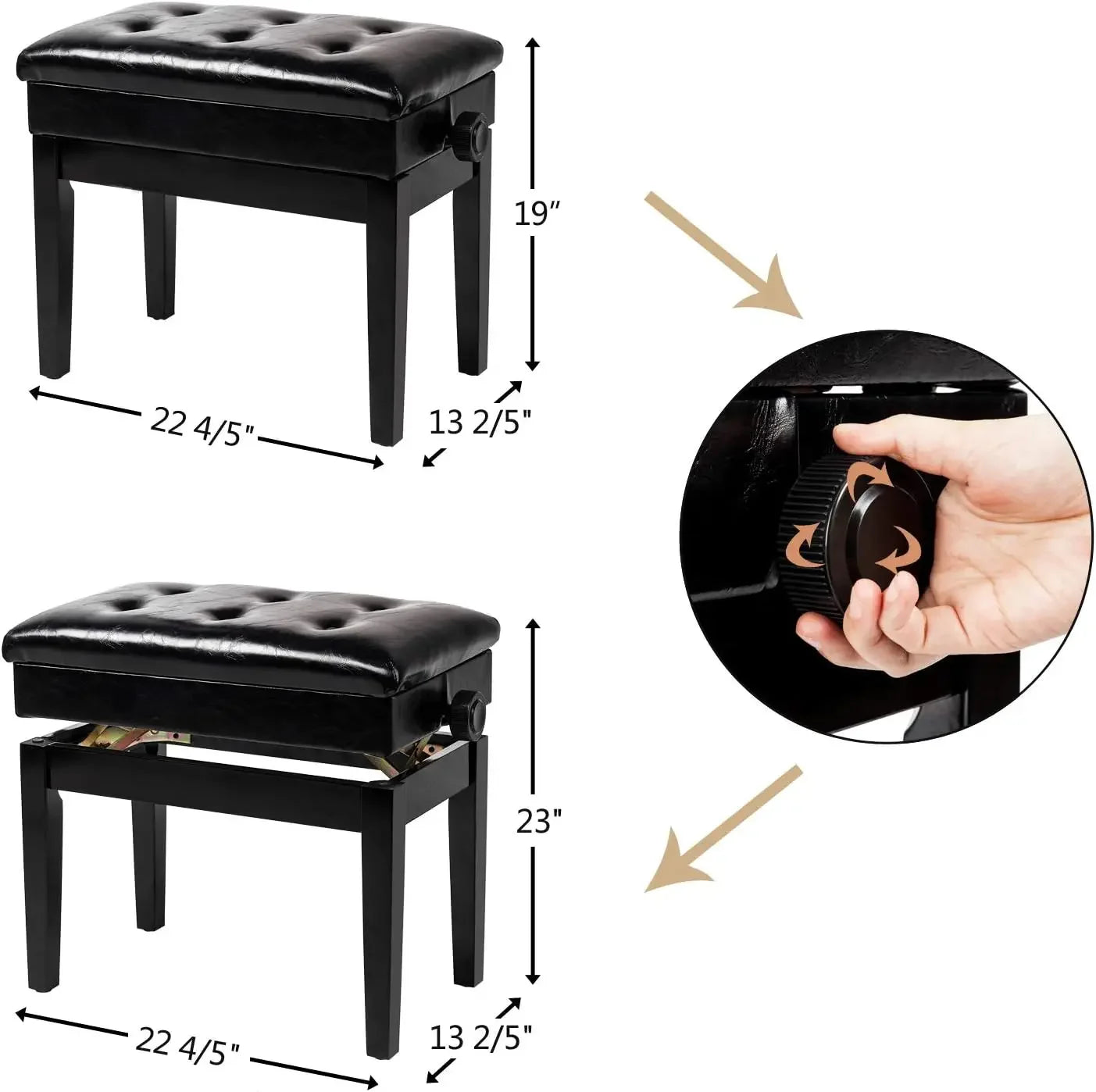 Comfort corner Adjustable Black Piano Bench with Storage Faux Leather Wooden Piano Stool with Padded Cushion