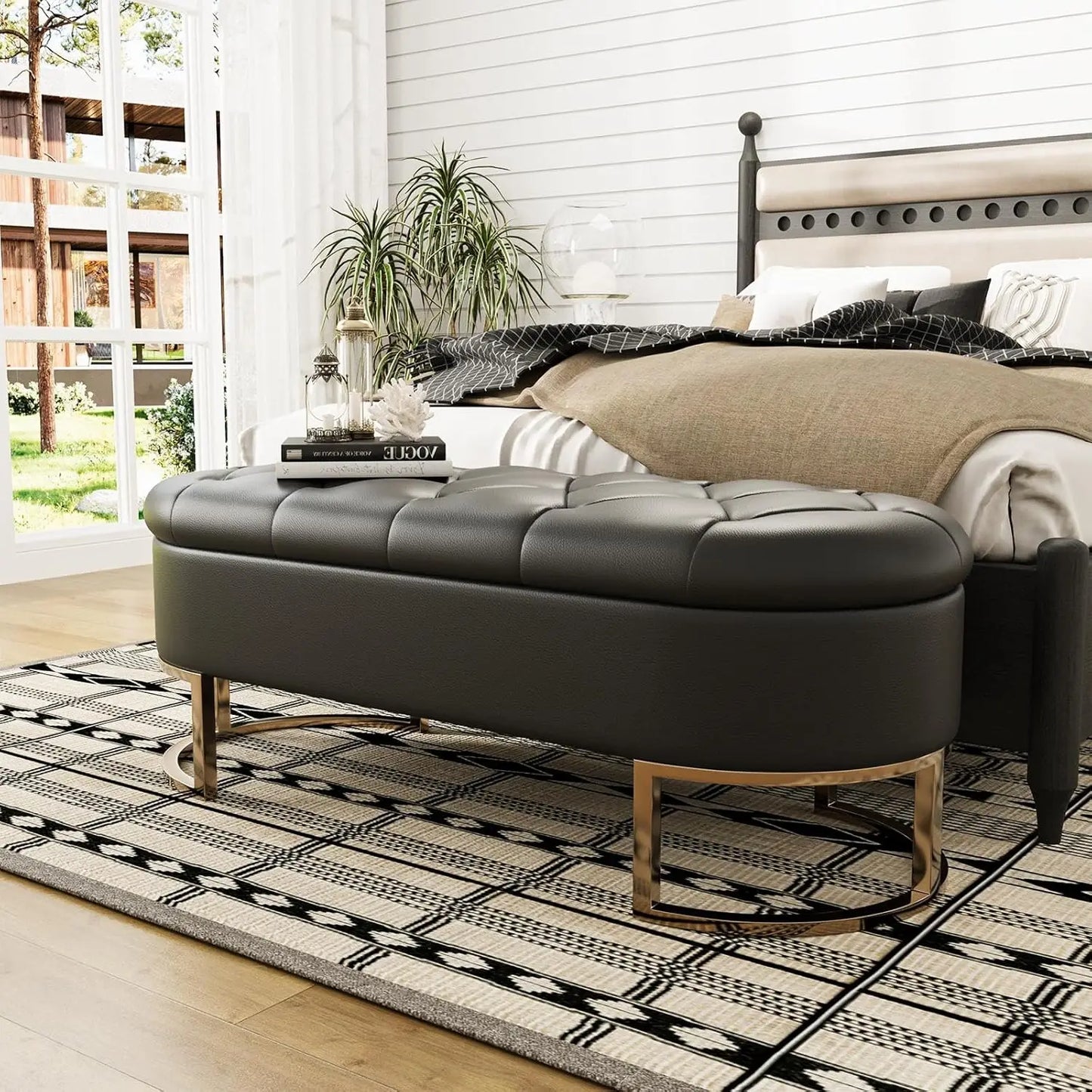 Vabches 50''L Ottoman Storage Bench Upholstered Leather Long Stool with Metal Legs Modern Storage Bench for Living Room Entryway