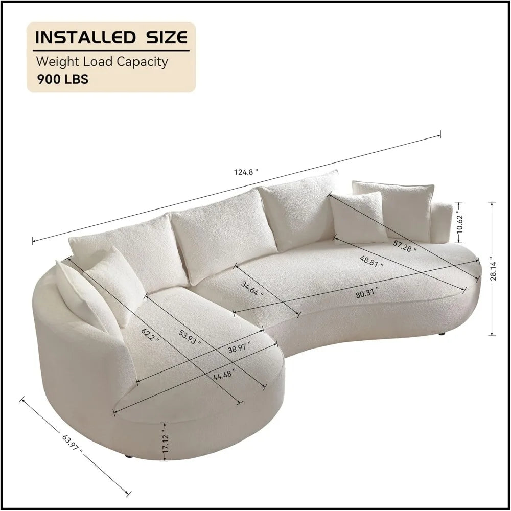 124.8" Modern Curved Sofa Couch, Upholstery Boucle Sofa Couch with Pillows, Left Hand Facing Sectional Boucle Fabric Couchs