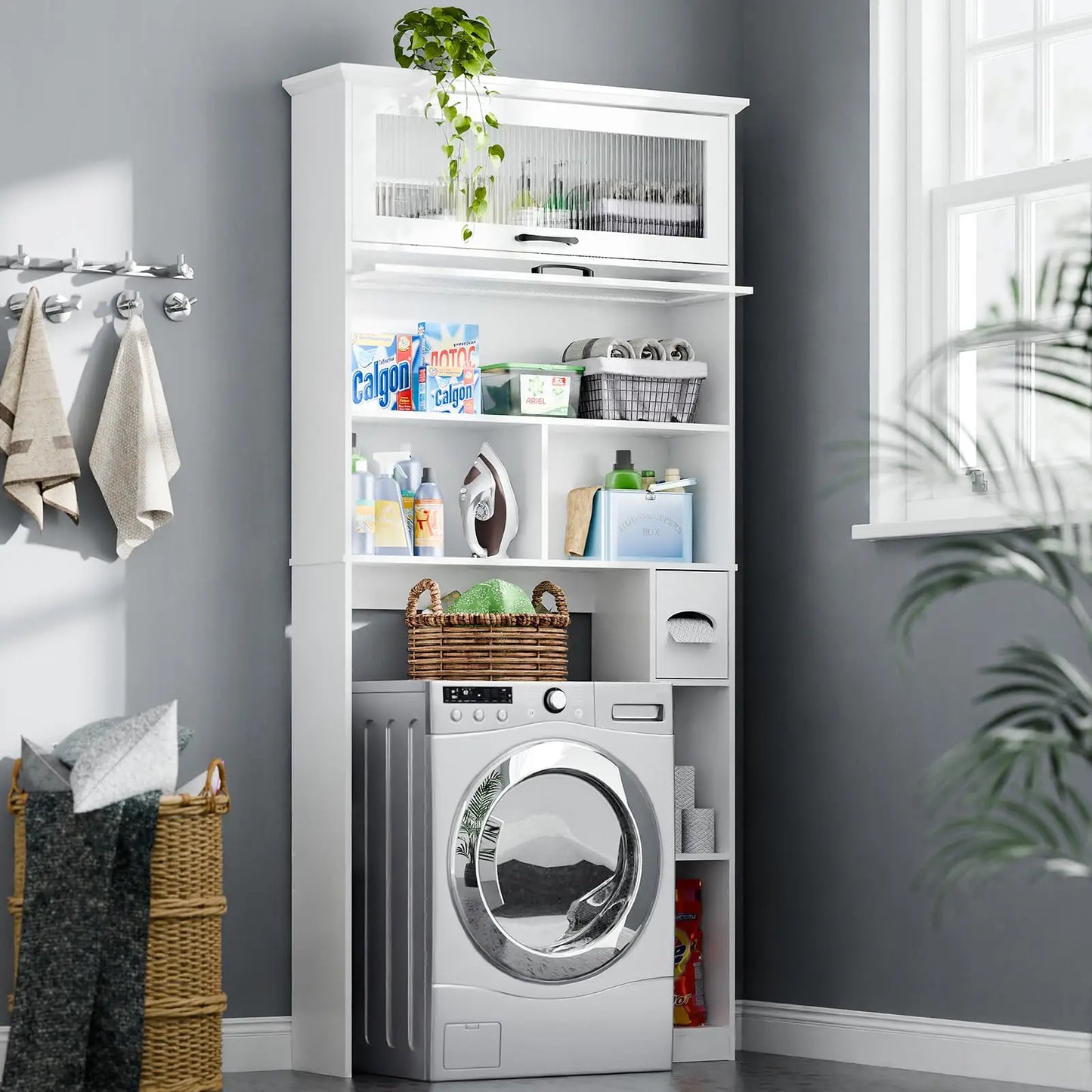Vabches Over the Toilet Storage Cabinet Bathroom Organizer with Glass Door&Shelves Wooden Toilet Rack Bathroom Storage Cabinet