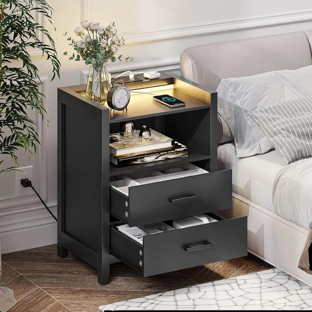 LED Nightstands Set of 2, Black Night Stand with Charging Station and 2 Drawers, Wood End Side Table with USB Ports