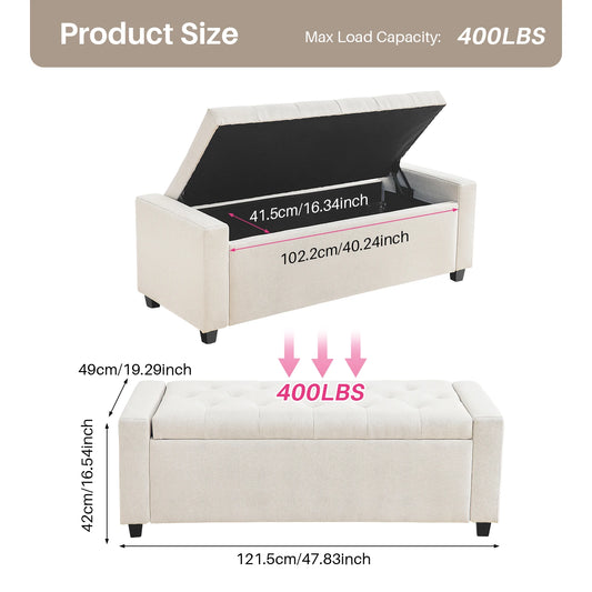 Folding Storage Ottoman, Footrest Stool Storage Bench with Flipping Lid, Safe Hinge for Living Room, Bedroom, Entryway, 47.8"