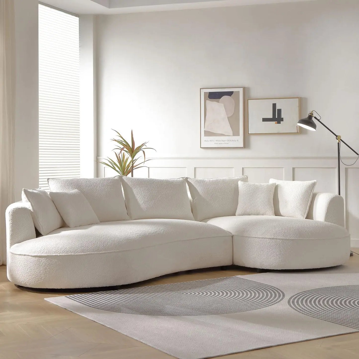 124.8" Modern Curved Sofa Couch, Upholstery Boucle Sofa Couch with Pillows, Left Hand Facing Sectional Boucle Fabric Couchs