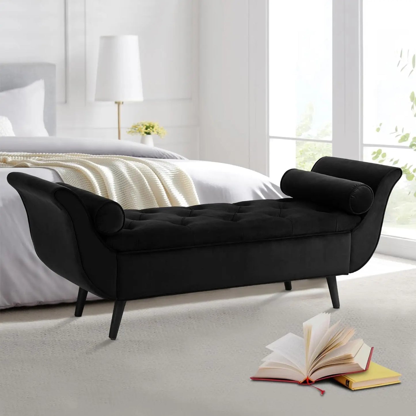 Storage Bench for Bedroom End of Bed, 65" Velvet Upholstered Rolled Armed Button Tufted Stool Bench, Storage Ottoman