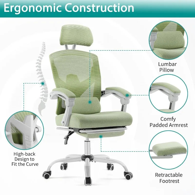 Home Office Desk Chair with Footrest, High-Back Mesh Rolling Swivel Reclining Chairs with Wheels, Comfortable Headrest