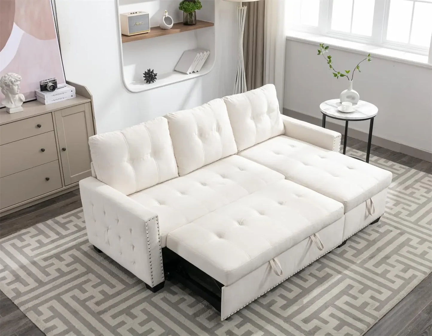 76.8'' Pull Out Sleeper Sectional Storage Sofa Bed,L-Shaped Convertible Velvet Corner Sofa Bed, Reversible Storage Chaise