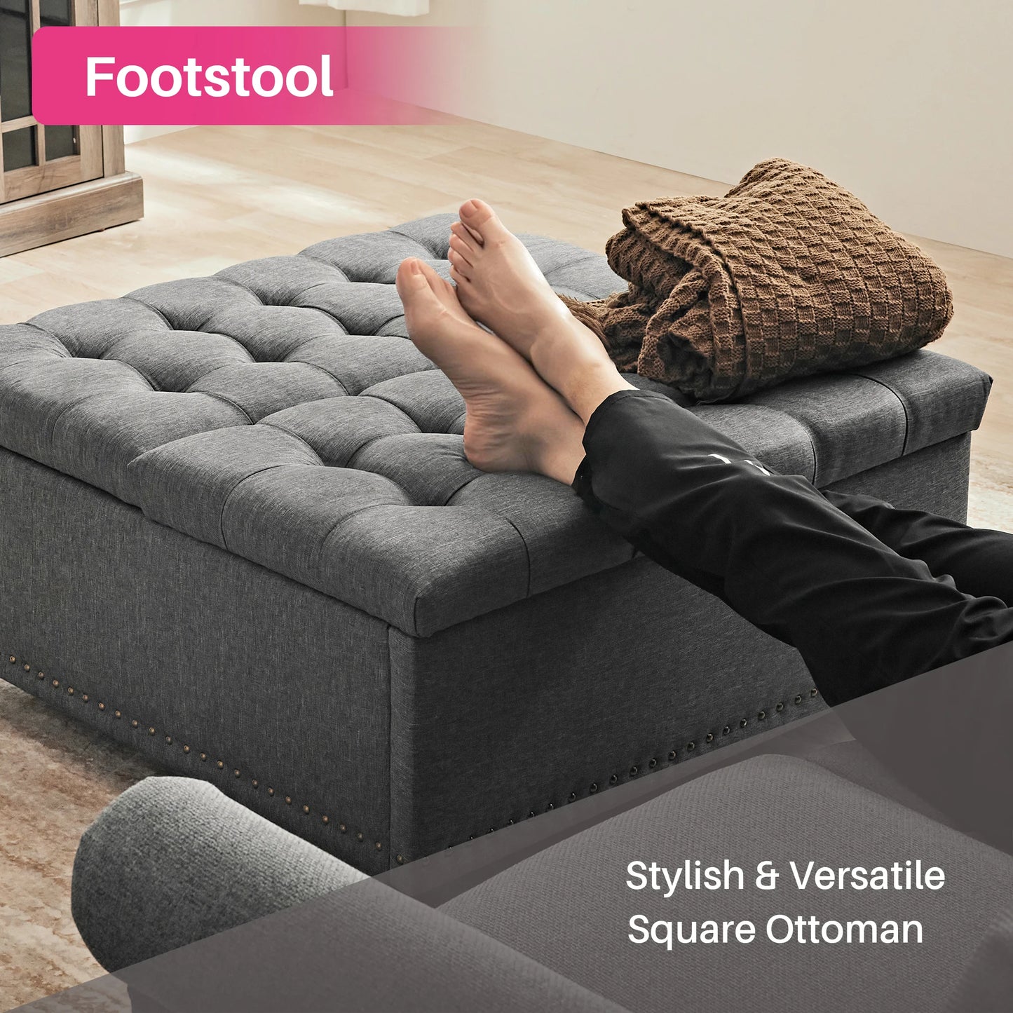 REDLIFE 35" Large Square Storage Ottoman Bench, Upholstered Coffee Table ,Lift Top Storage Ottoman Tufted Fabric for Living Room
