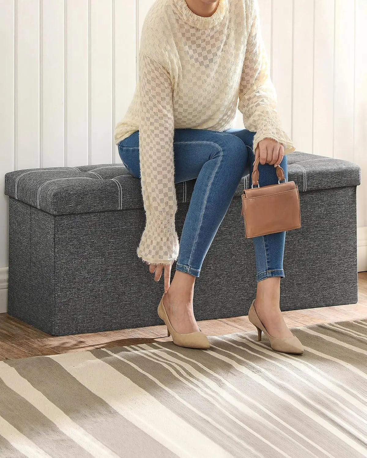 Ottoman Storage Bench, 35 Gal. Folding Chest with Breathable Linen-Look Fabric, Holds 660 lb, for Entryway, Living Room, Bedroom