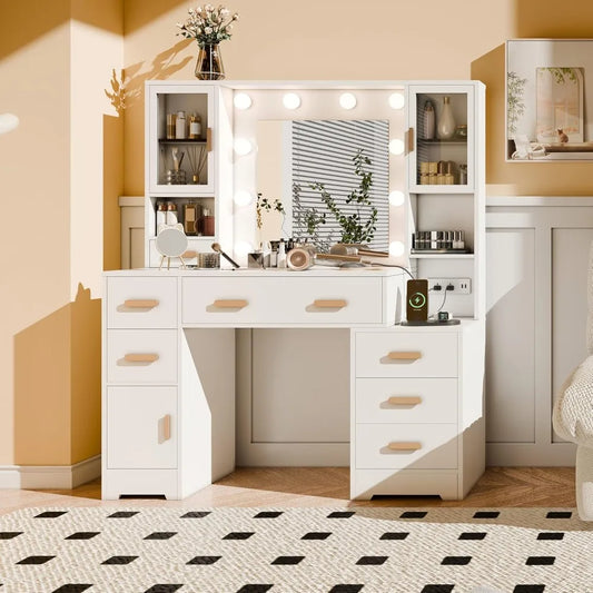 Makeup table with mirror, light and charging station, 49 inch white vanity, 3 LED light modes, 7 drawers and 3 bedroom cabinets
