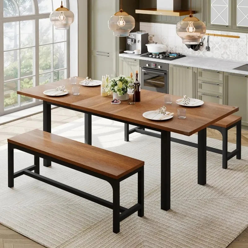 63" Extendable Dining Room Table Set for 4, Modern Dining Table with 2 Benches, 3 Pcs Black Kitchen Table for Small Space, Easy