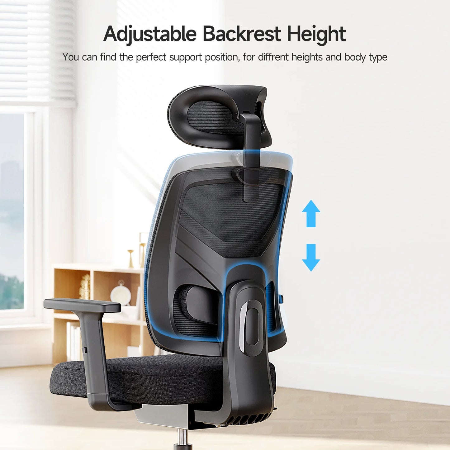 Ergonomic office chair, adjustable backrest, tilt locking function, lumbar support, armrests, 2D headrest