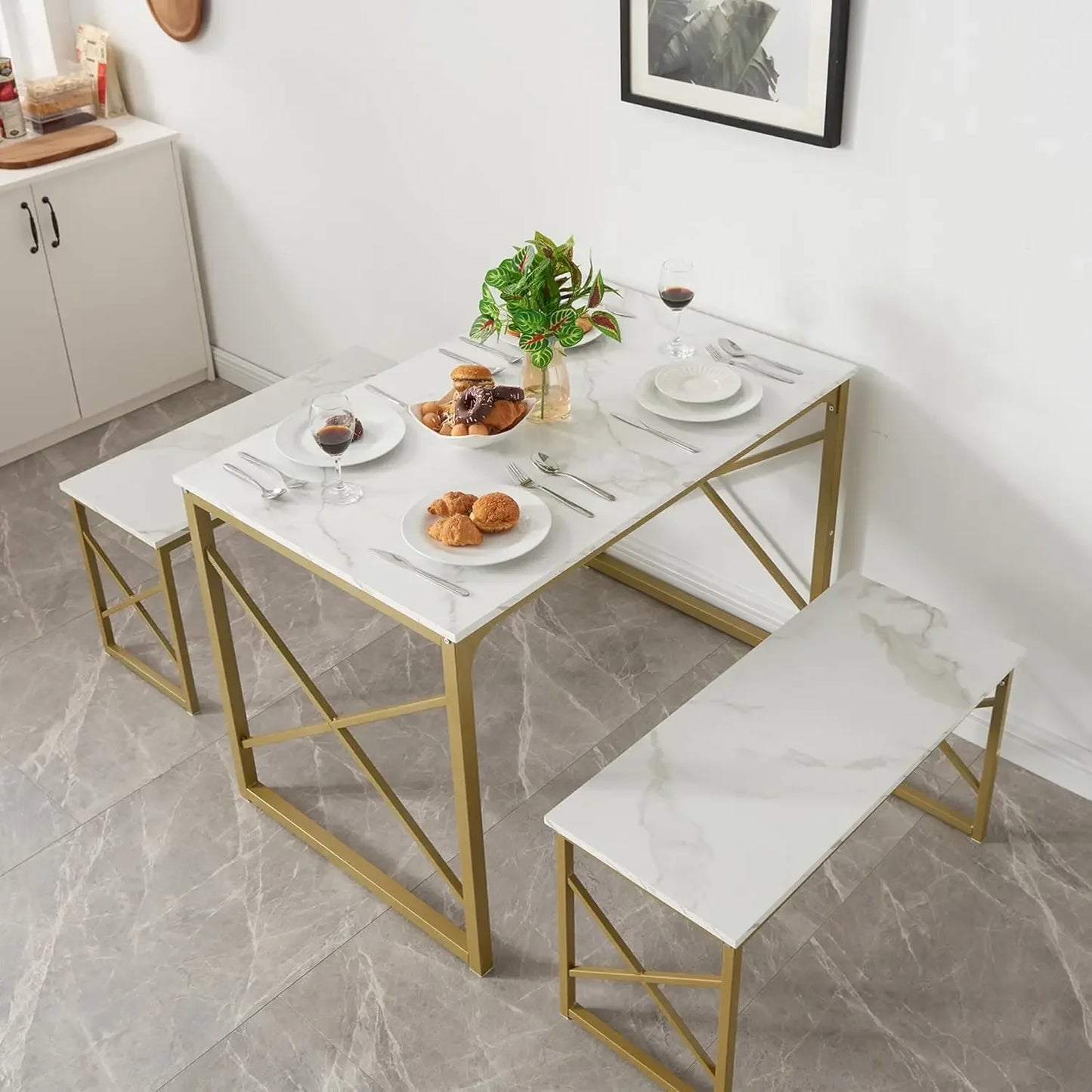 Kitchen Table with 2 Benches for 4, Wood Dining Room Dinette Sets with Metal Frame for Breakfast Nook and Small Space, 43