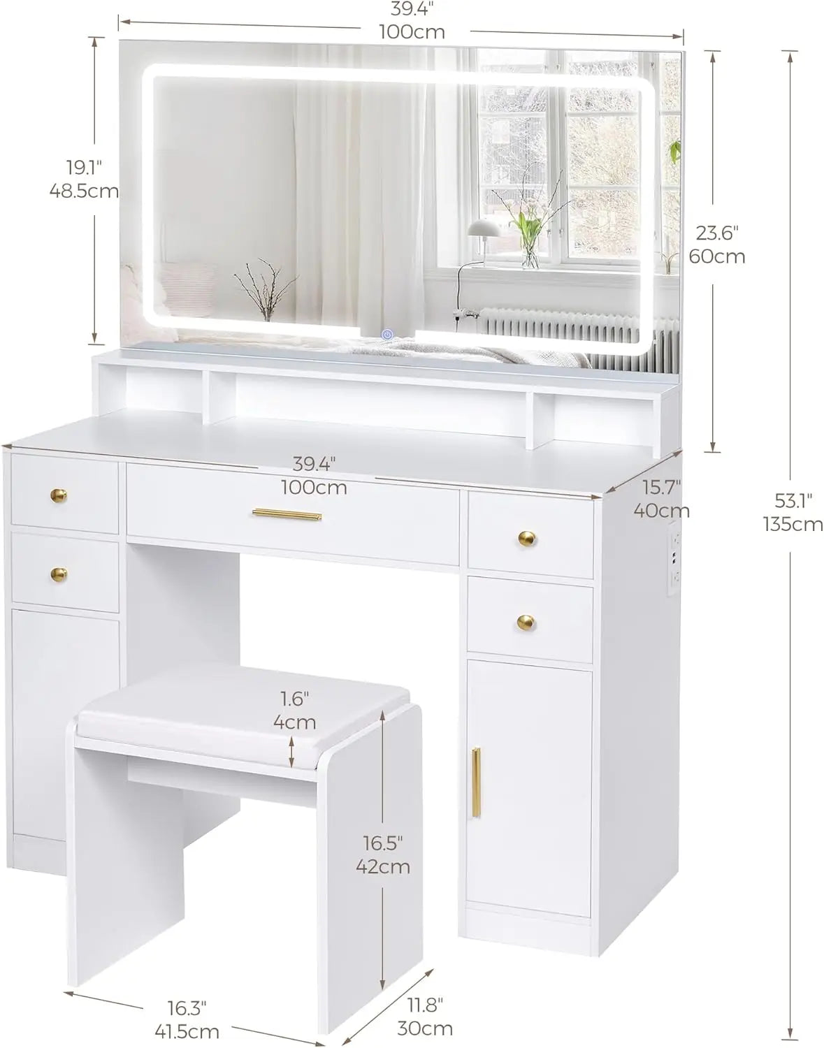 Vanity Desk Set with Large LED Lighted Mirror Power Outlet White Makeup Vanity Table 3 Color Lighting Modes Dressing Table