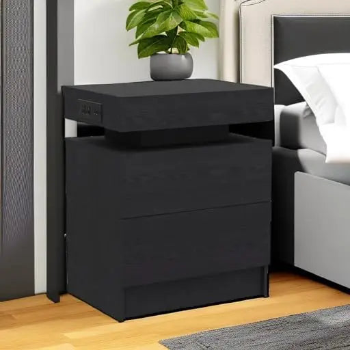 Night Stand with Charging Station, Modern Nightstand with LED Light and Drawers, Bedside Tables/End Table for Bedroom