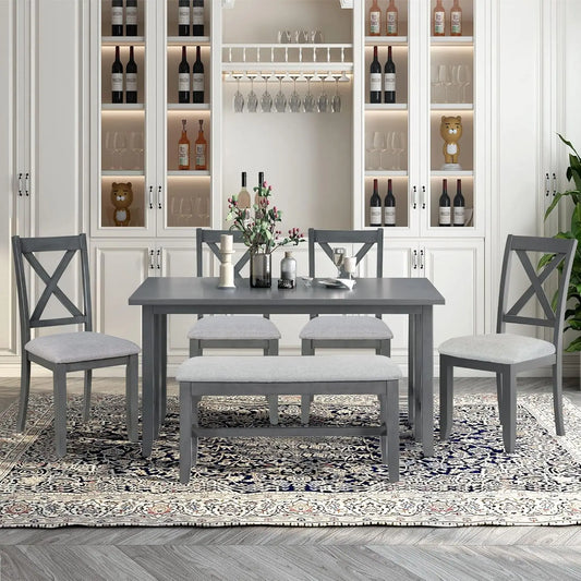 6 Piece Dining Room Table Set, Rustic Farmhouse Dining Room Foldable Table with 4 Upholstered Chairs and Bench