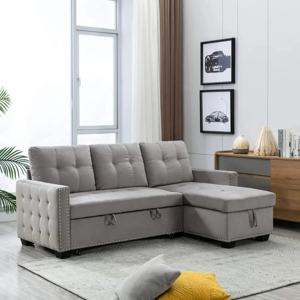 76.8'' Pull Out Sleeper Sectional Storage Sofa Bed,L-Shaped Convertible Velvet Corner Sofa Bed, Reversible Storage Chaise
