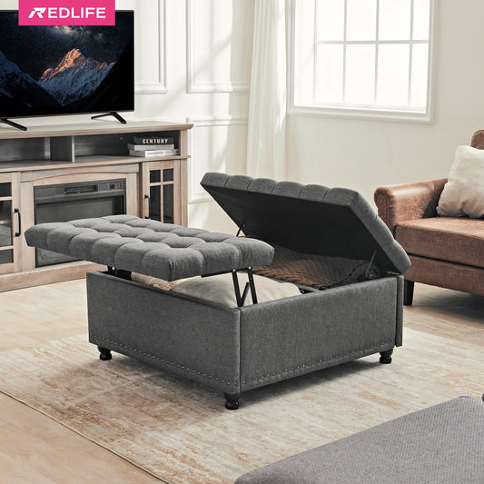 REDLIFE 35" Large Square Storage Ottoman Bench, Upholstered Coffee Table ,Lift Top Storage Ottoman Tufted Fabric for Living Room